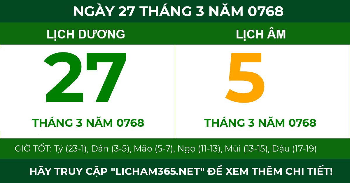 lịch âm ngày 27 tháng 3 năm 0768