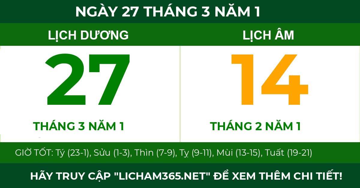 lịch âm ngày 27 tháng 3 năm 1