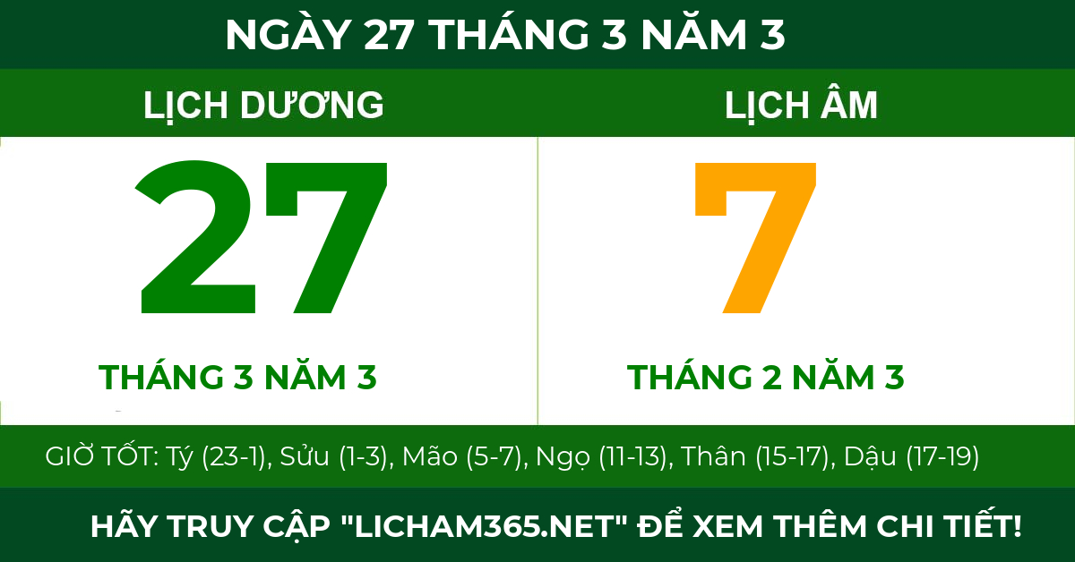 lịch âm ngày 27 tháng 3 năm 3