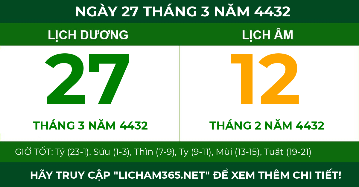 lịch âm ngày 27 tháng 3 năm 4432
