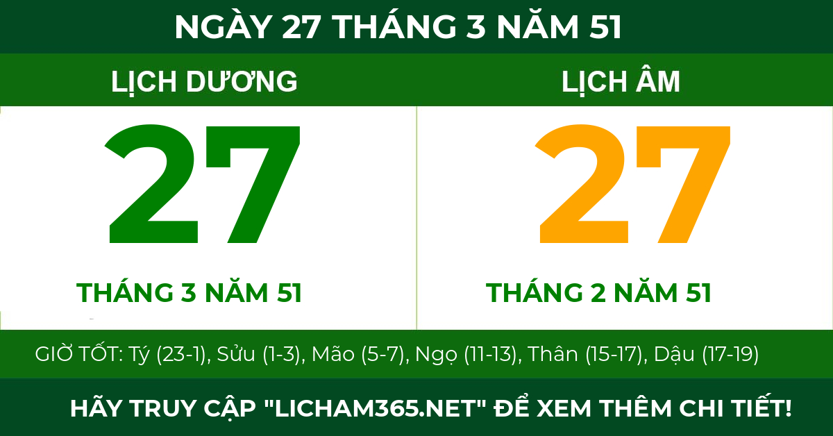 lịch âm ngày 27 tháng 3 năm 51