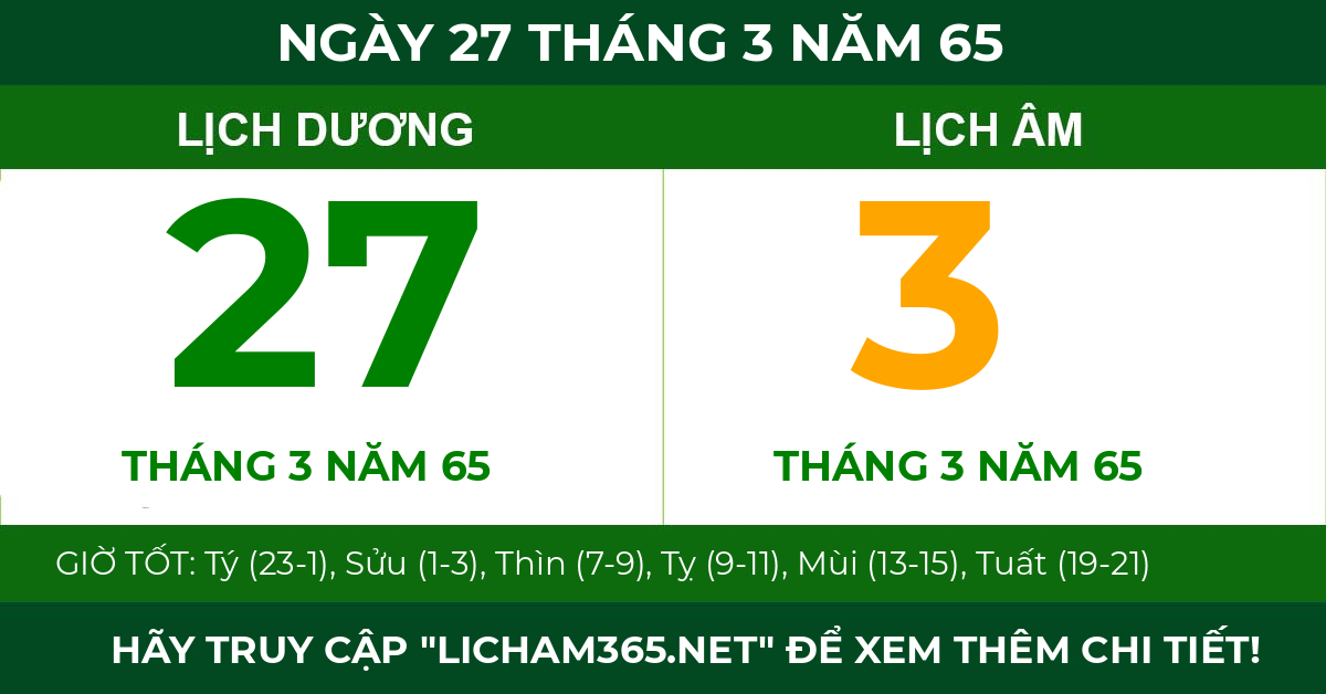 lịch âm ngày 27 tháng 3 năm 65