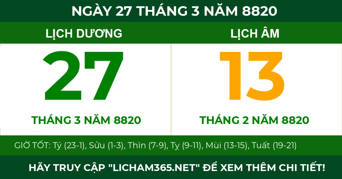 lịch âm ngày 27 tháng 3 năm 8820
