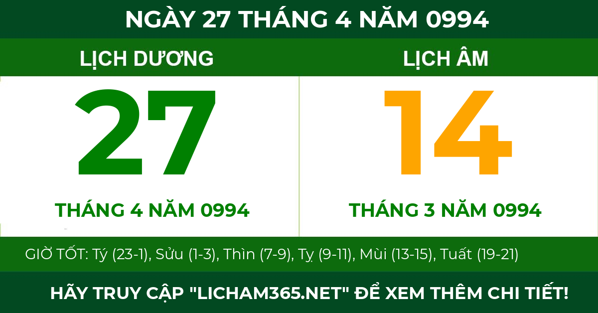 lịch âm ngày 27 tháng 4 năm 0994