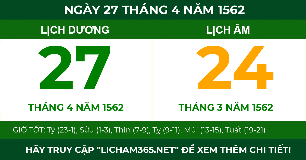 lịch âm ngày 27 tháng 4 năm 1562