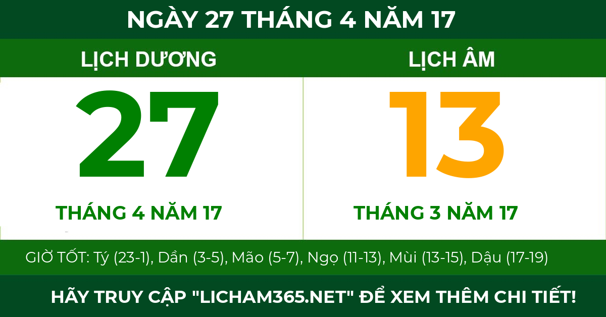 lịch âm ngày 27 tháng 4 năm 17