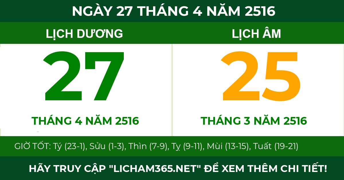 lịch âm ngày 27 tháng 4 năm 2516
