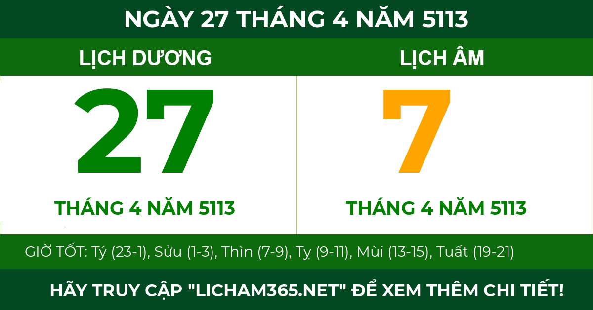 lịch âm ngày 27 tháng 4 năm 5113