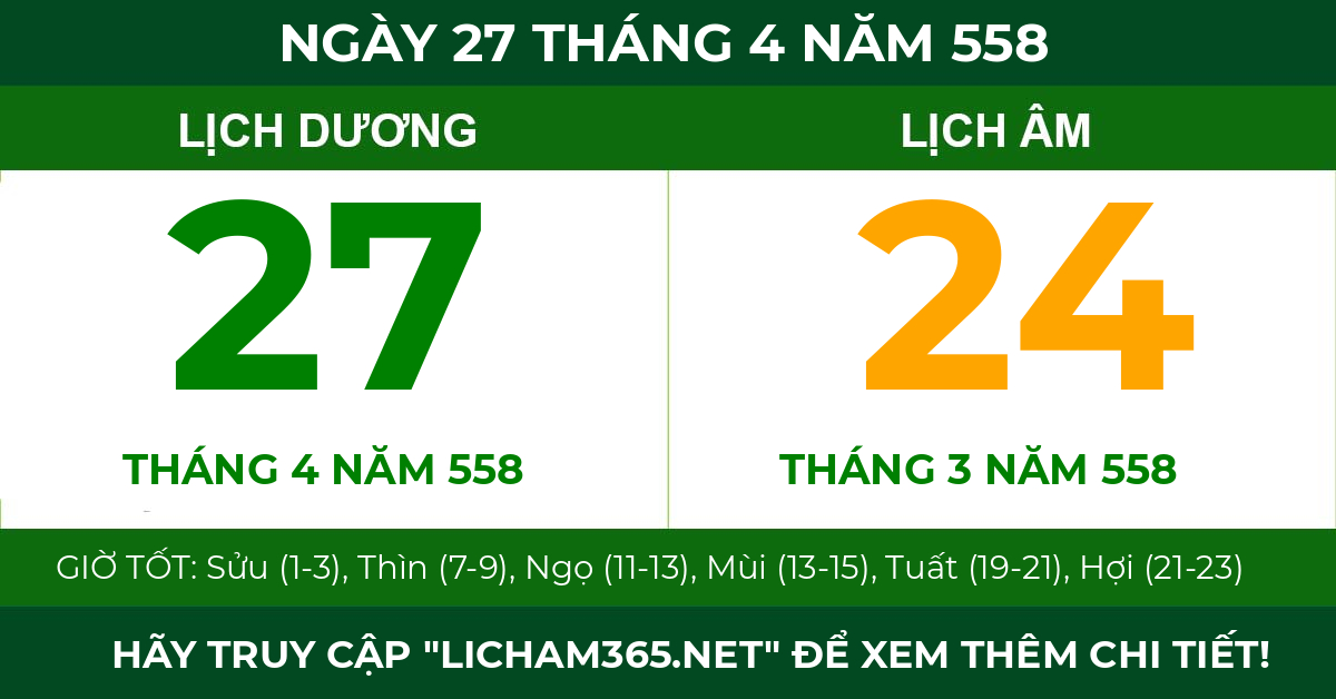 lịch âm ngày 27 tháng 4 năm 558
