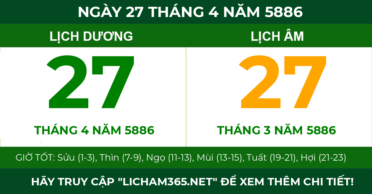 lịch âm ngày 27 tháng 4 năm 5886