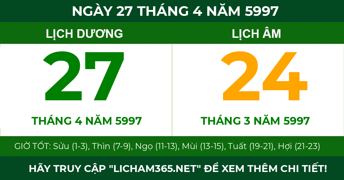 lịch âm ngày 27 tháng 4 năm 5997
