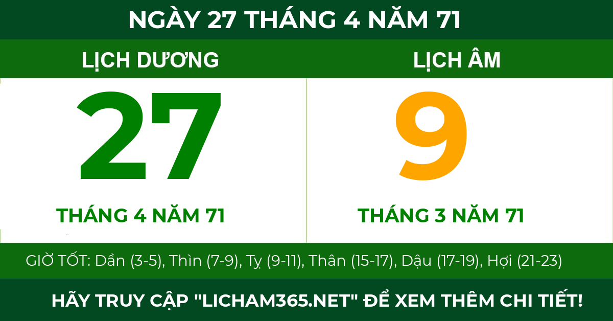 lịch âm ngày 27 tháng 4 năm 71