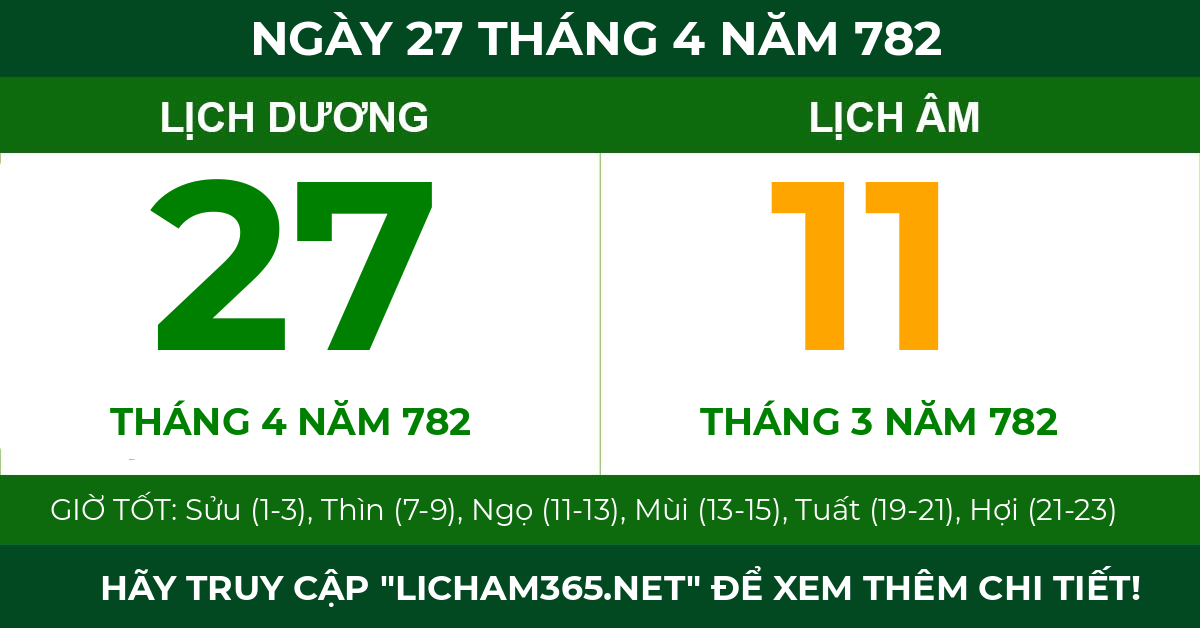 lịch âm ngày 27 tháng 4 năm 782