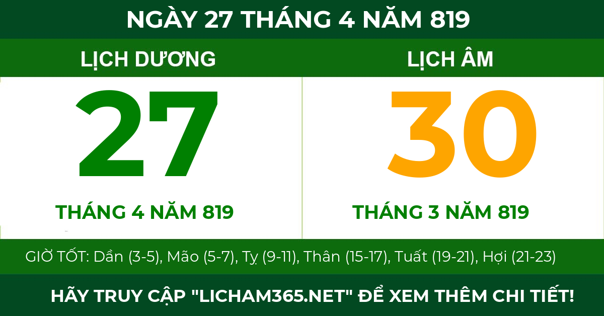 lịch âm ngày 27 tháng 4 năm 819