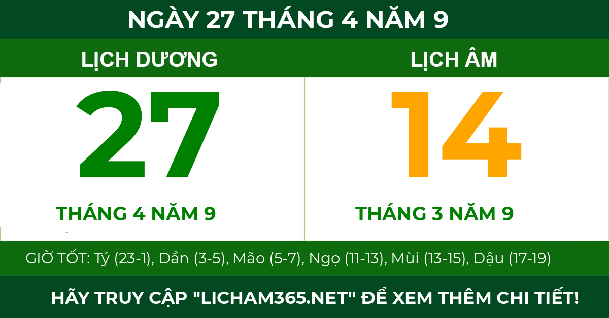 lịch âm ngày 27 tháng 4 năm 9