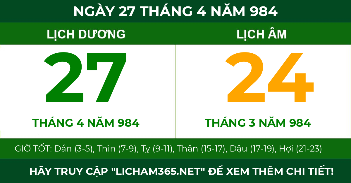 lịch âm ngày 27 tháng 4 năm 984