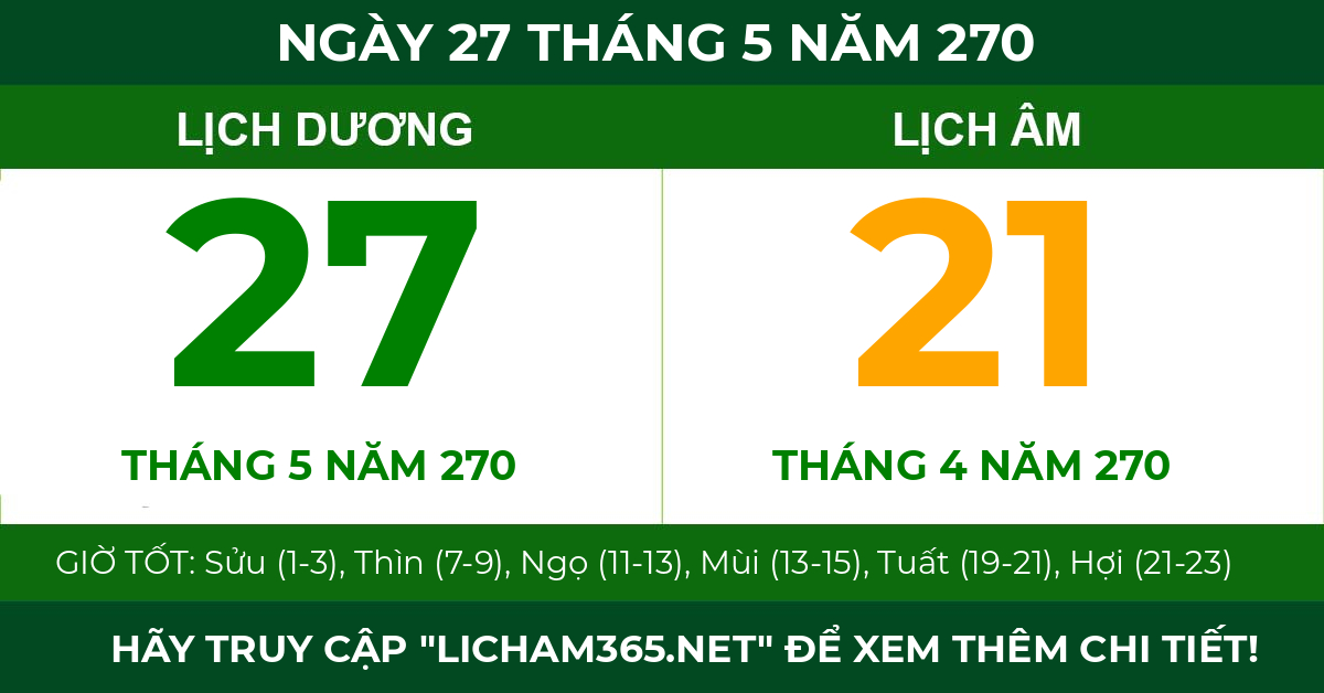 lịch âm ngày 27 tháng 5 năm 270