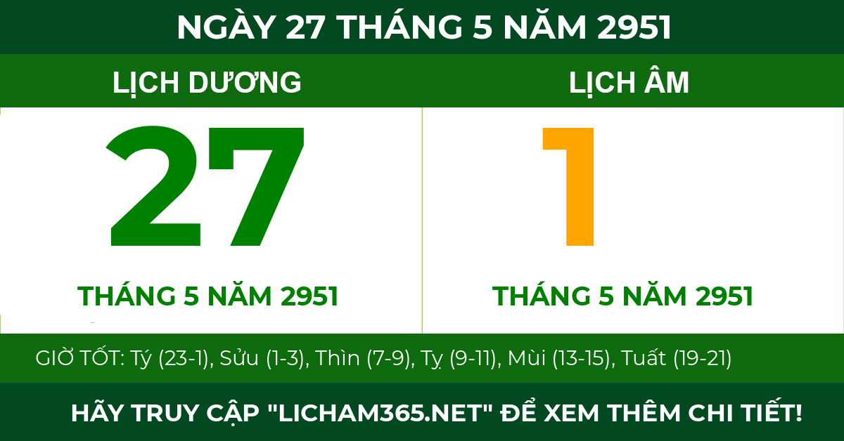 lịch âm ngày 27 tháng 5 năm 2951