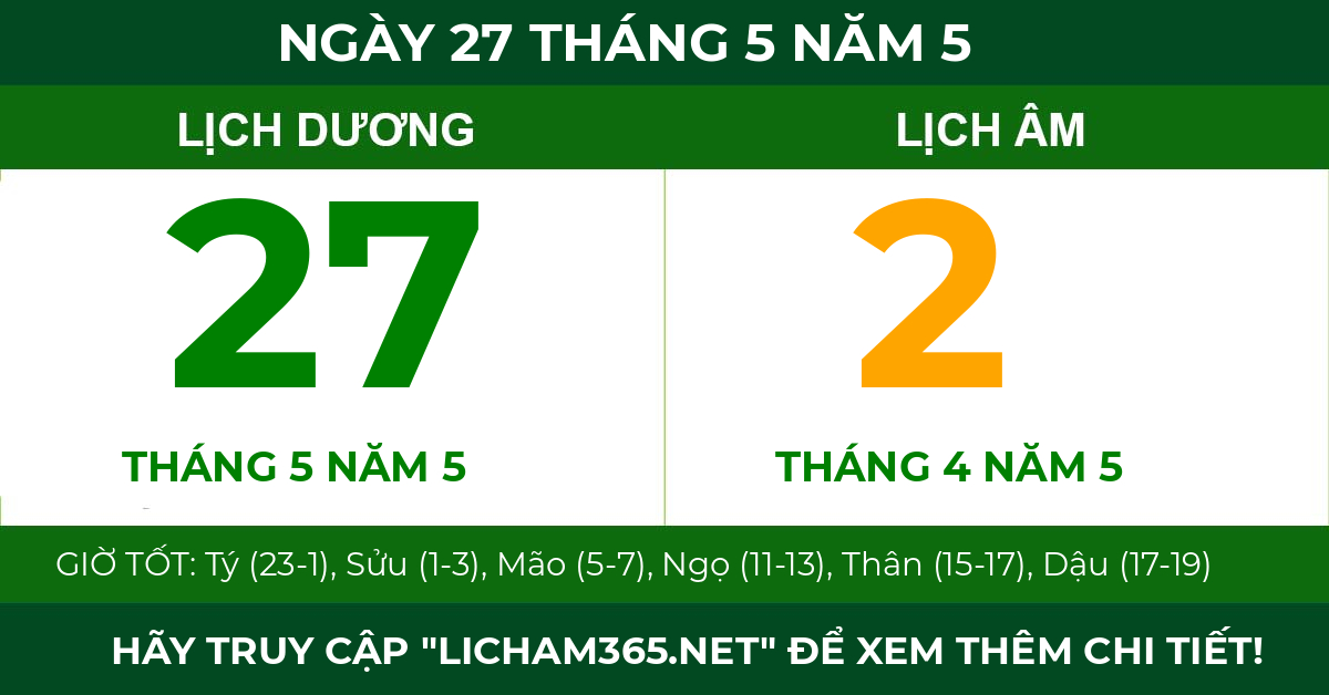 lịch âm ngày 27 tháng 5 năm 5