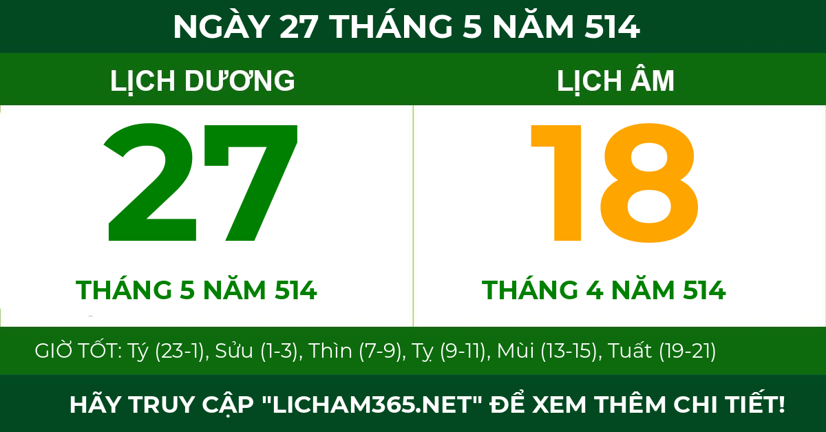 lịch âm ngày 27 tháng 5 năm 514