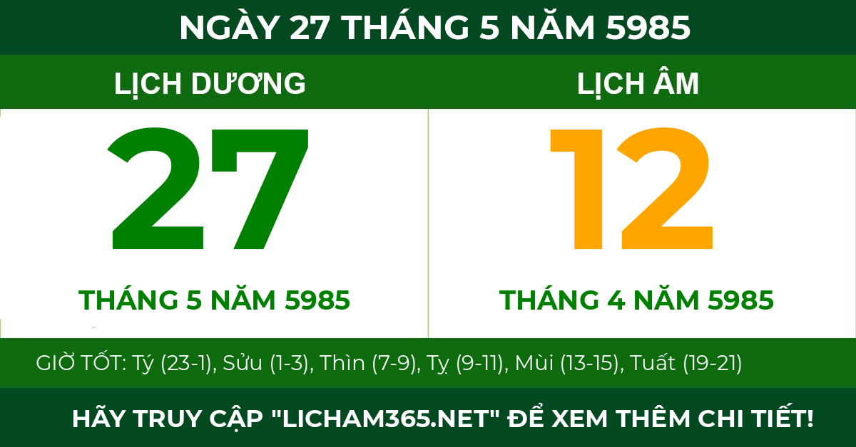 lịch âm ngày 27 tháng 5 năm 5985