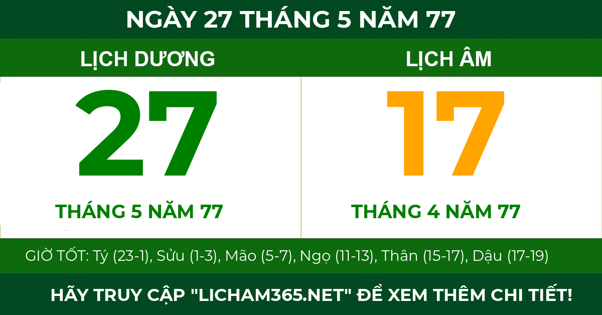lịch âm ngày 27 tháng 5 năm 77