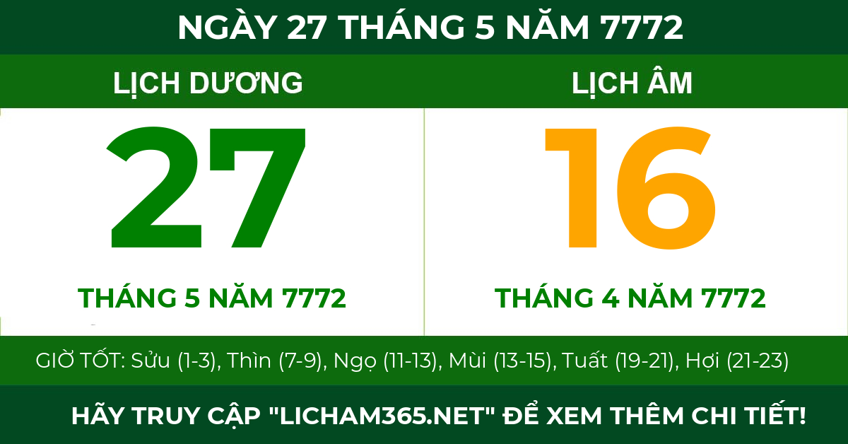 lịch âm ngày 27 tháng 5 năm 7772