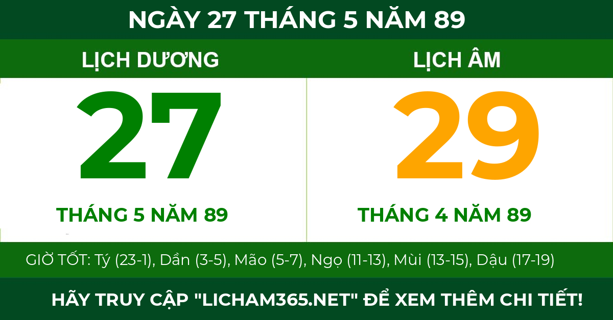 lịch âm ngày 27 tháng 5 năm 89