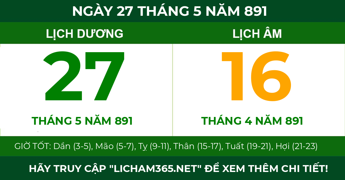 lịch âm ngày 27 tháng 5 năm 891