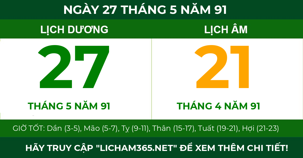 lịch âm ngày 27 tháng 5 năm 91