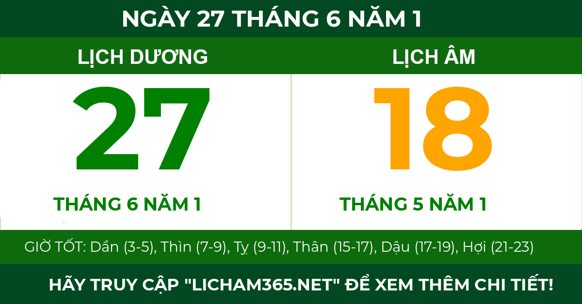 lịch âm ngày 27 tháng 6 năm 1