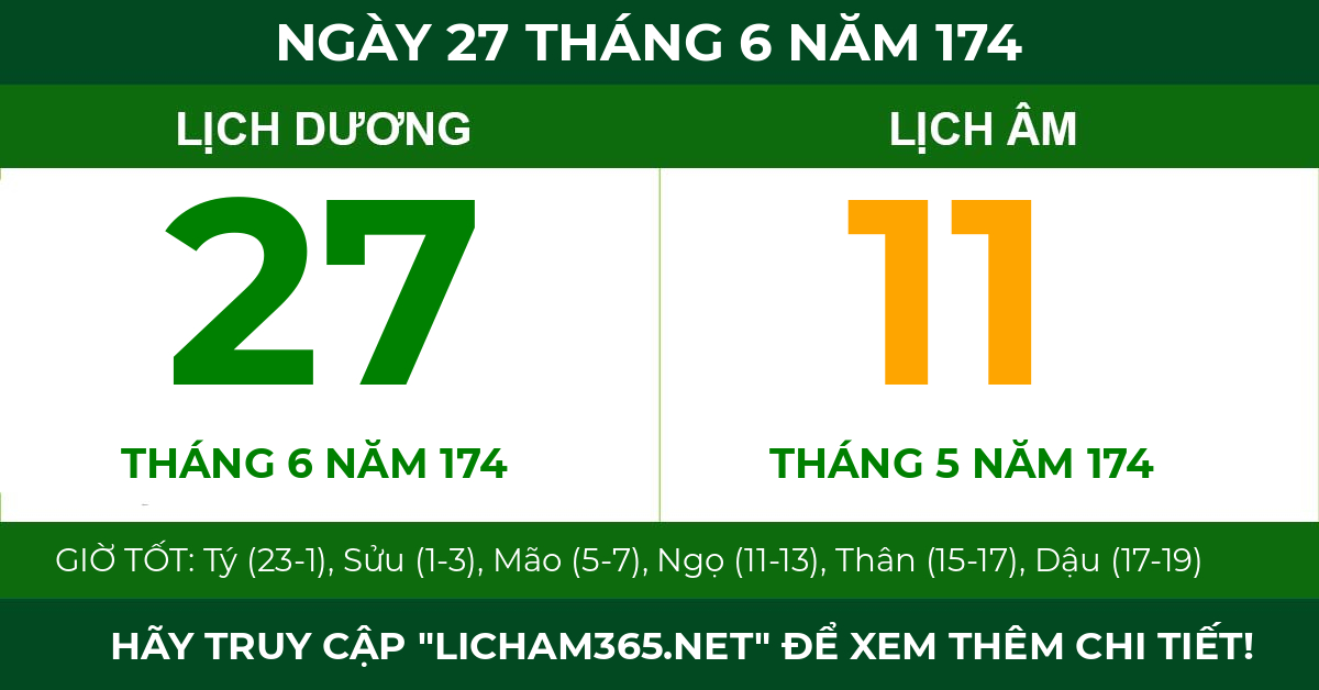 lịch âm ngày 27 tháng 6 năm 174