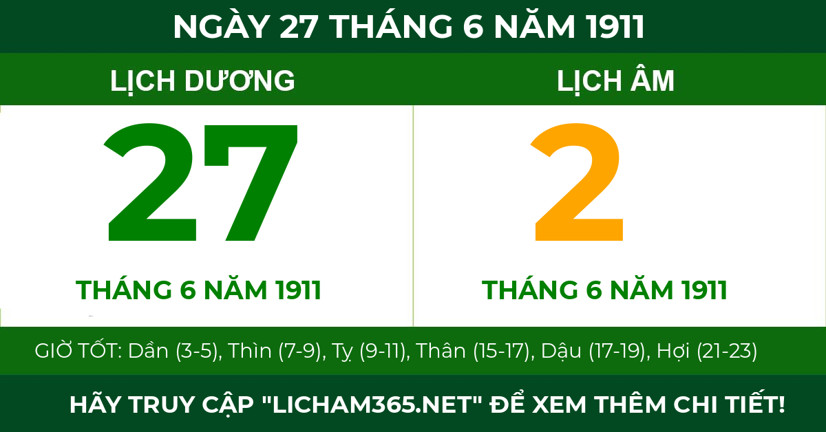 lịch âm ngày 27 tháng 6 năm 1911