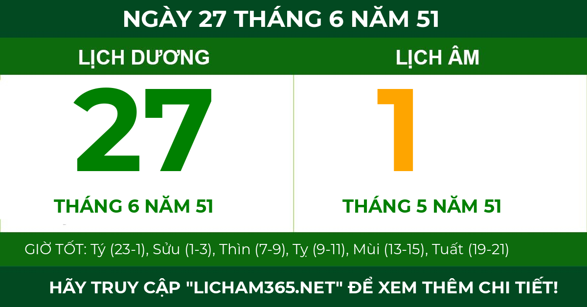 lịch âm ngày 27 tháng 6 năm 51