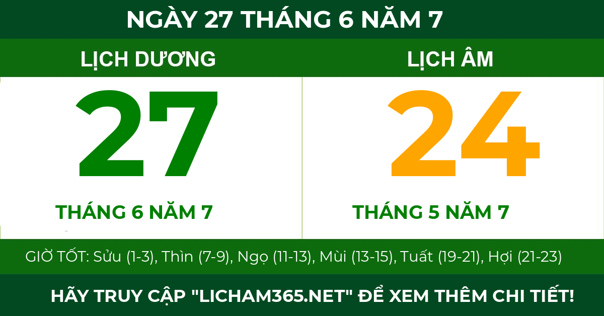 lịch âm ngày 27 tháng 6 năm 7
