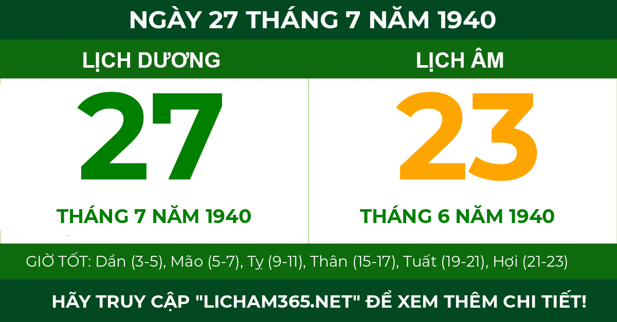lịch âm ngày 27 tháng 7 năm 1940