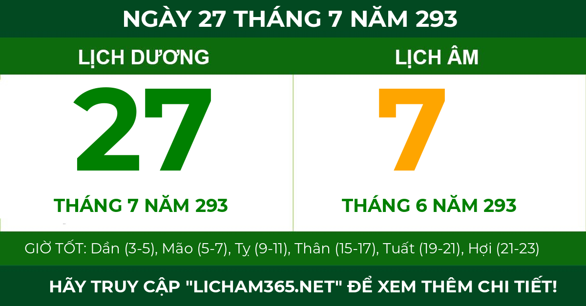 lịch âm ngày 27 tháng 7 năm 293