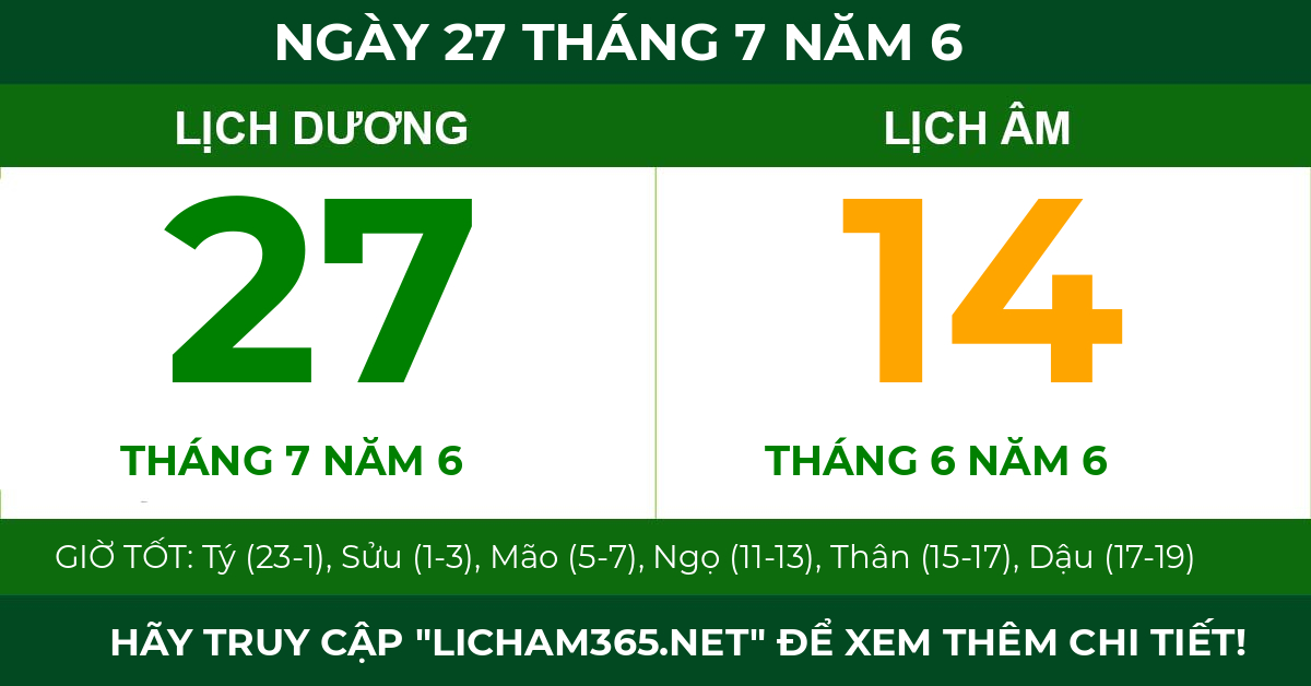 lịch âm ngày 27 tháng 7 năm 6