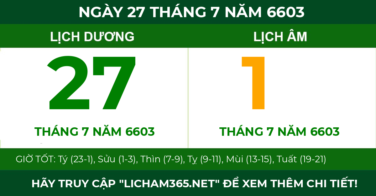 lịch âm ngày 27 tháng 7 năm 6603