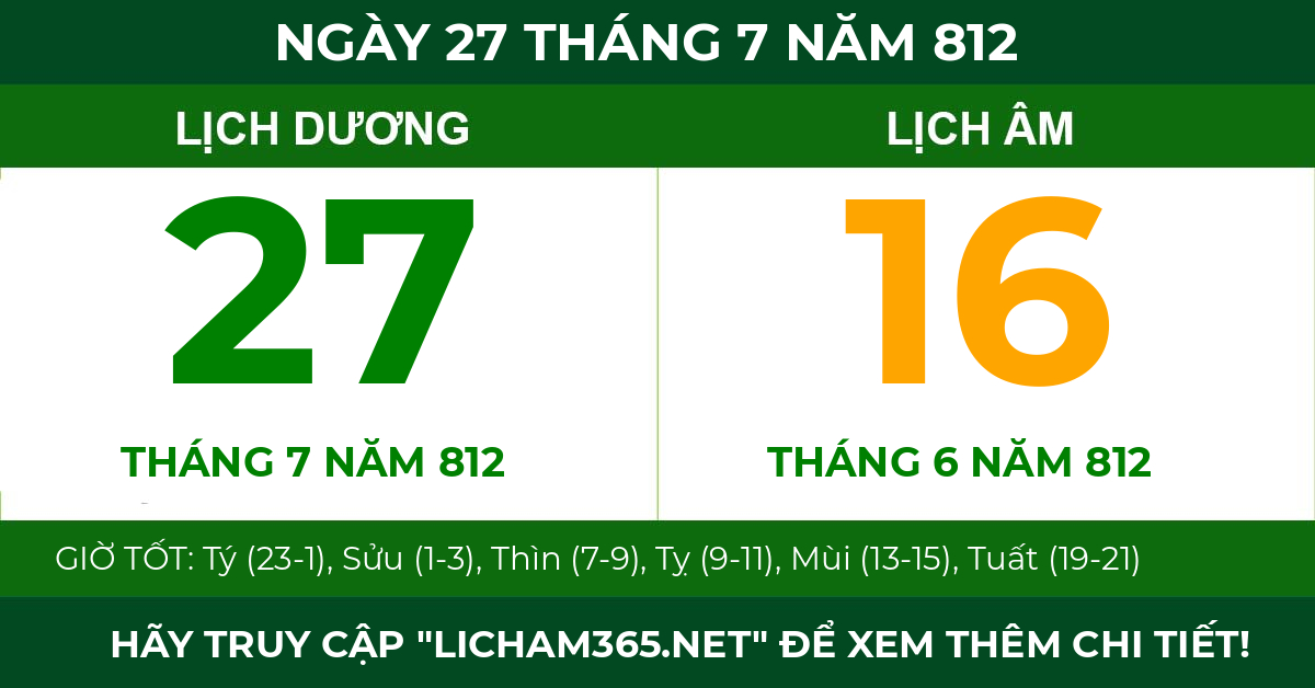 lịch âm ngày 27 tháng 7 năm 812