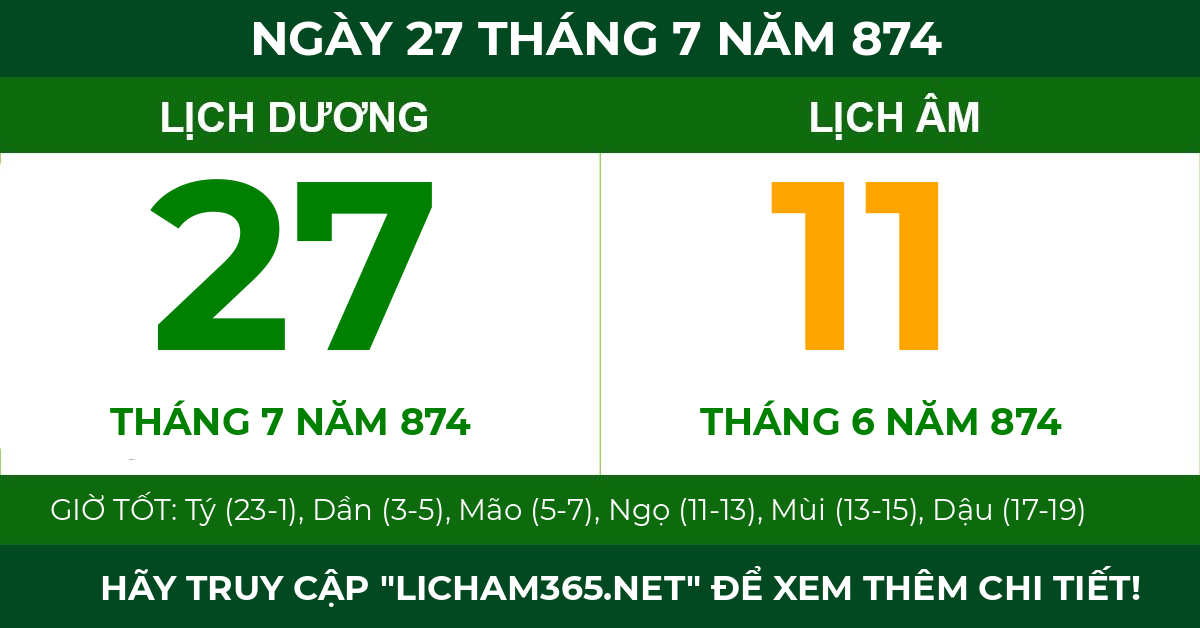 lịch âm ngày 27 tháng 7 năm 874