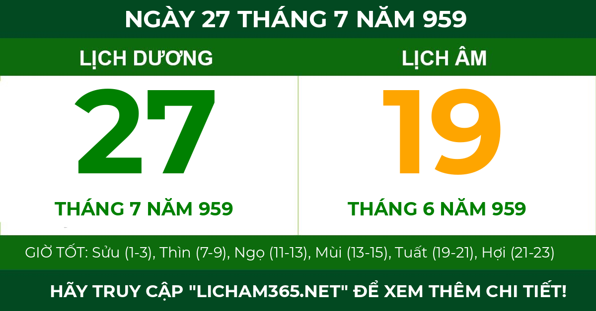 lịch âm ngày 27 tháng 7 năm 959