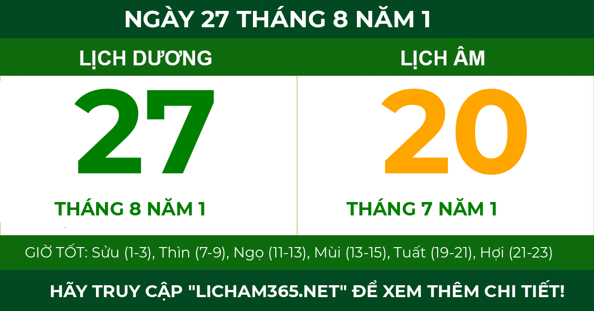 lịch âm ngày 27 tháng 8 năm 1