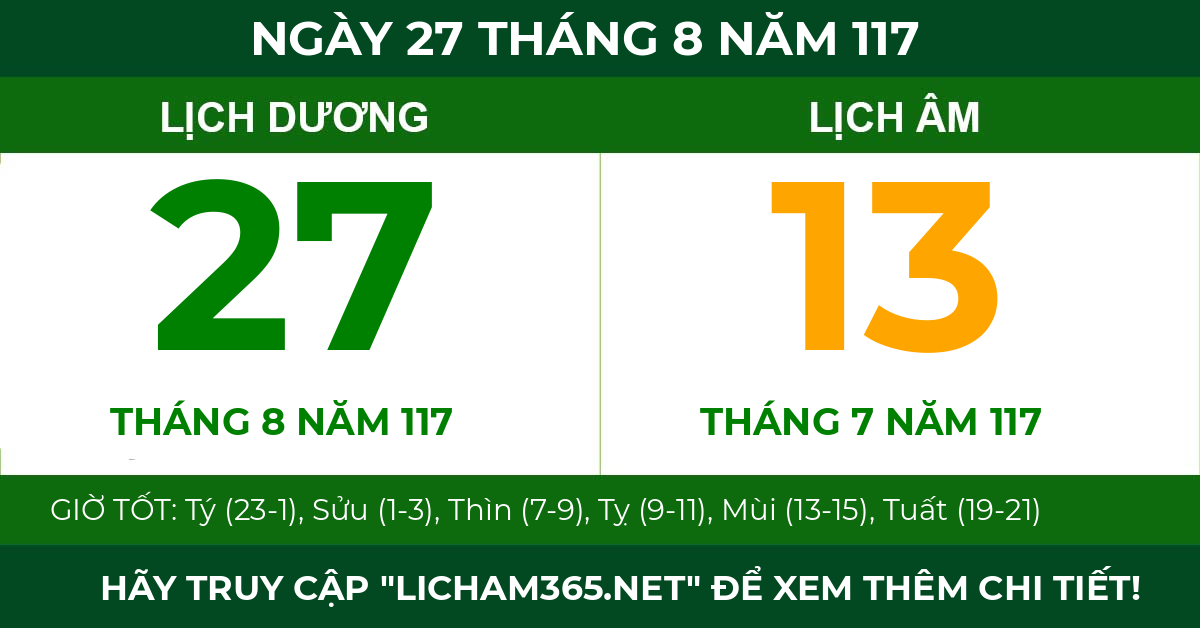lịch âm ngày 27 tháng 8 năm 117