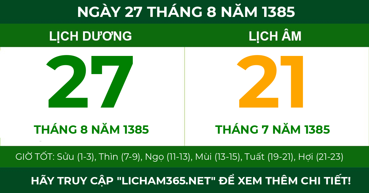 lịch âm ngày 27 tháng 8 năm 1385