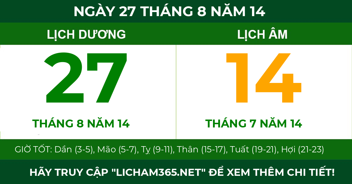 lịch âm ngày 27 tháng 8 năm 14