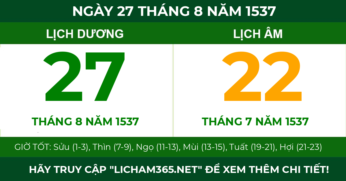 lịch âm ngày 27 tháng 8 năm 1537