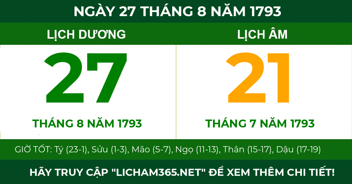 lịch âm ngày 27 tháng 8 năm 1793