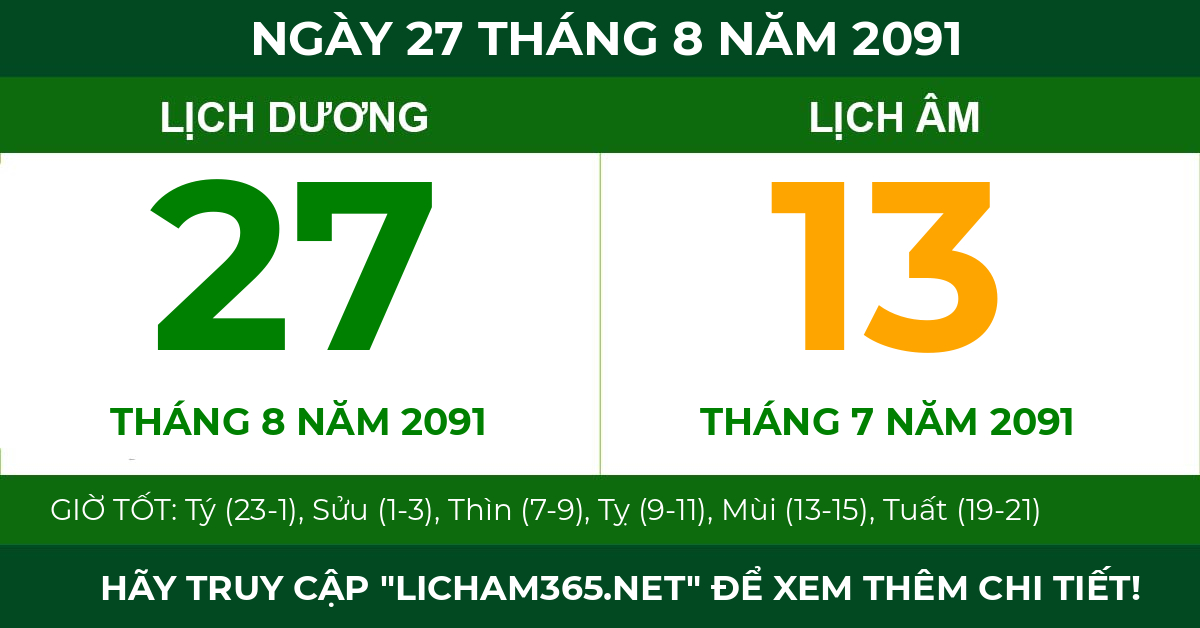 lịch âm ngày 27 tháng 8 năm 2091