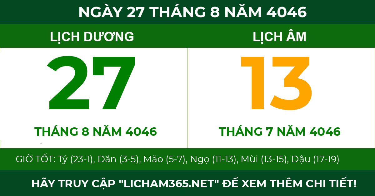lịch âm ngày 27 tháng 8 năm 4046